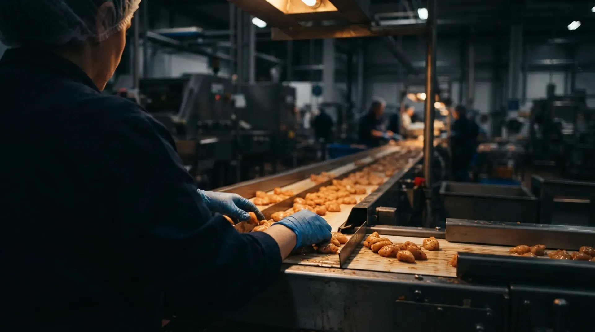 Productielijn in een donkere hal met warm strijklicht op metaal